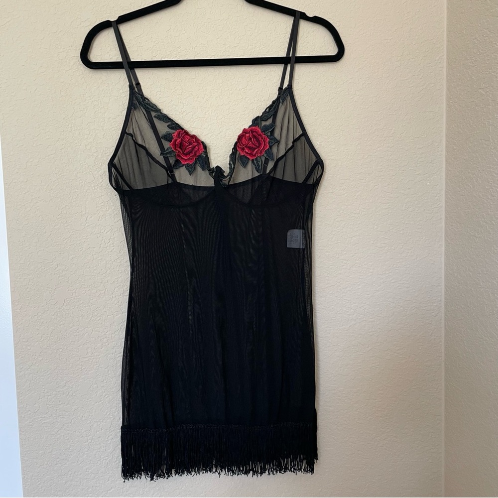 Dreamgirl Black Sheer Mesh Chemise Red Rose Embroidery Fringe Lingerie  1X/2X